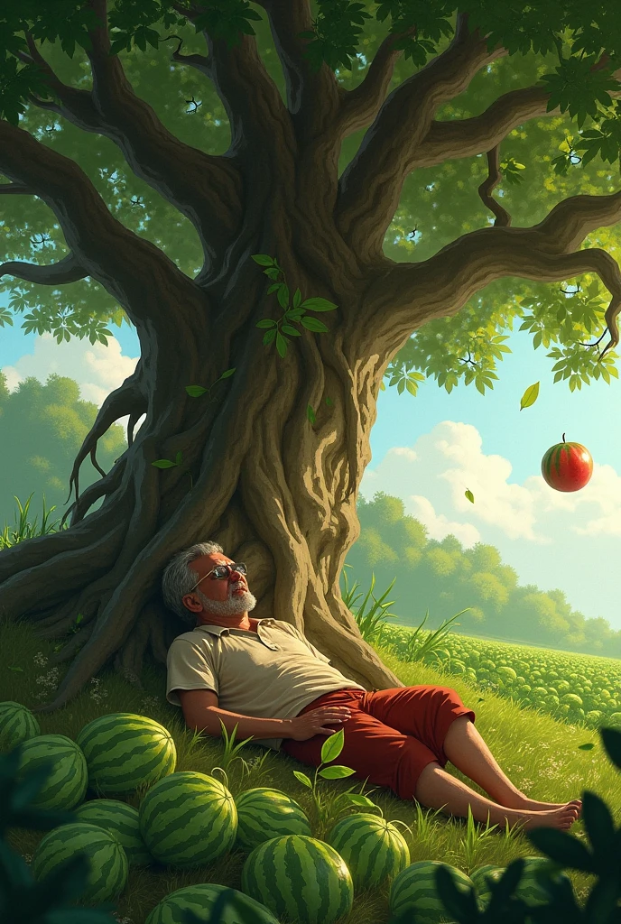 এক লোক বিশাল এক বট গাছের নিচে শুয়ে শুয়ে তার তরমুজ ক্ষেত পাহারা দিচ্ছিল হঠাৎ তার নাকের উপর একটা বট গাছের ফল এসে পড়লো তারপর সে কাঁদতে শুরু করলো