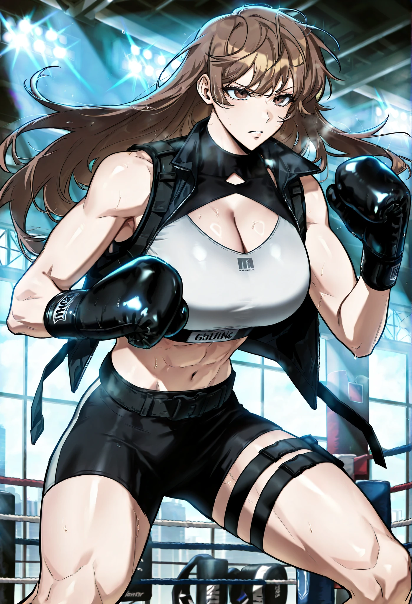 masterpiece, best quality, amazing quality, very aesthetic, absurdres, newest, scenery, 1girl, solo, huge breasts, serious, parted lips, long hair, brown hair, brown eyes, bangs, sports bra,
 Sleeveless jacket, open jacket, cleavage cutout, black gloves, black belt, thigh strap, standing, fighting stance, boxing gloves, gym, looking away, shiny skin, masterpiece, best quality, amazing quality, very aesthetic, absurdres, newest, scenery