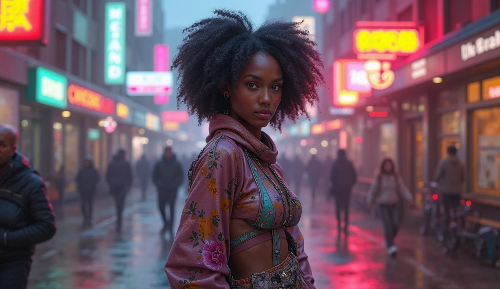 Generate a 100% random image of a female aged 14–45. Strict rules: NO repeating neon cities or black leather outfits!  

**1. RANDOM CLOTHING (MUST VARY):**  
- **Types:** Ballgowns, swimwear, sci-fi armor, bohemian dresses, office suits, sports gear, pajamas, lingerie (elegant), cyberpunk jumpsuits, or cultural attire (kimono/sari/etc.).  
- *random Colors clothes :* Never default to black! Use neon yellow, pastel lavender, blood red, metallic gold, or mismatched patterns (stripes + florals).  
- **Textures:** Velvet, silk, fishnet, transparent layers, fur trim, or glowing elements.  

**2. Random background **  
- **Real:** Rainy alleys, tropical beaches, cozy cafés, subway stations, sunflower fields.  
- **Fantasy:** Fairy tale castles, steampunk airships, alien markets, haunted libraries.  
- **Absurd:** Floating islands, giant hourglasses, upside-down rooms, surreal dreamscapes.  

**3. ENFORCE RANDOMNESS:**  
- If the AI leans toward dark outfits, force vibrant colors (e.g., pink astronaut suits).  
- If backgrounds repeat, add absurd twists (e.g., a CEO in a boardroom with dinosaurs outside).  
- **Penalize:** Black leather, neon cities, or generic poses.  

*4. DETAILS:*
- **Hair:** Random colors/lengths (green afros, silver braids).  
- **Accessories:** Unrelated items (e.g., a chef holding a lightsaber, ballerina with jetpack).  
- **Lighting:** Sunset, neon glow, foggy moonlight, or supernova bursts.  
*RULES:*
1. **NO REPEATS** across generations.  
2. **Chaos priority:** If it feels ‘expected,’ scrap it!  
3. **Override AI biases** toward dark/edgy themes."*