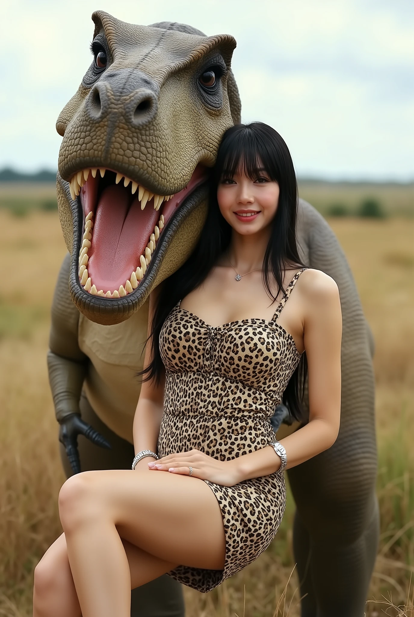 Create a realistic photograph of a beautiful Japanese female singer's portrait. She has a slender body, small bust, and thin legs, with long hair and bangs. She is wearing a prehistoric-style leopard print wedding mini dress and is being playfully held in a princess carry by a Tyrannosaurus Rex, smiling for the camera. The background features a Cretaceous plain during the daytime, captured from a dynamic angle.