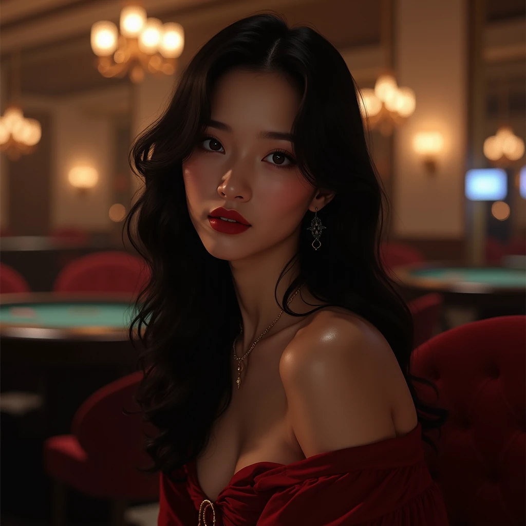 Asian casino model, pretty lady posing at a poker table, full body