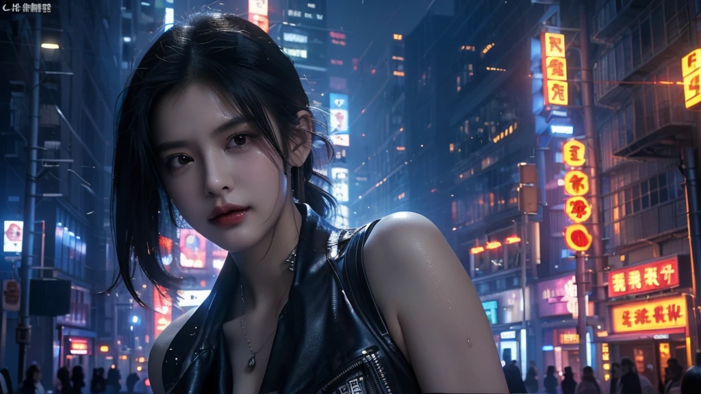  masterpiece,is of the best quality,high resolution, 8,000,(Portrait Photos:1.5),(R Original photo),Real Photos,Digital photography,(cyberpunk style的城市街头，Bustling city streets，Neon sign，After the Rain，Mist，steam),(female), 20 year old girl, random hairstyle,Through Bangs,( big breasts），Keep your mouth shut，Keep silent,Elegant and charming ,Smile，cyberpunk style，（Mecha），Photo poses, Realisticstyle,  oc rendering reflective texture ， Upper Body Lens ，looks into the camera