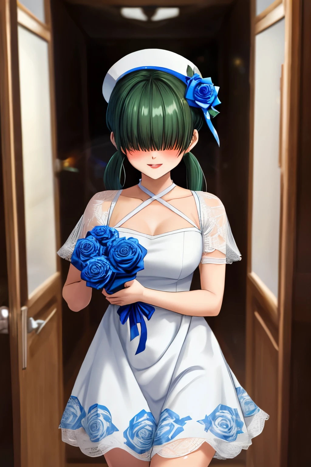 1 sexy anime manga girl, buxom, large breasts, long green hair with bangs covering her eyes, twin ponytails, she is wearing a (((white dress with blue rose pattern on it1.3))), mini rainbow top hat, face blush, makeup, red lips, ((giving a gift wrapped present)), best quality, very detailed, dynamic posing, sparkle, god rays, shining light, Pixar, walking through door