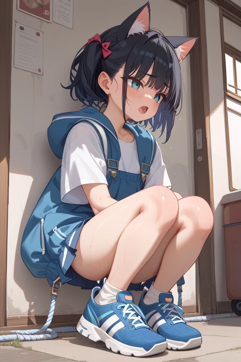 ((masterpiece, Best Quality, High resolution, extremely detailed 8K, pretty toddler with a petit little infant-body, Ultra HD, Ultra-detailed, anime screen cap:1.3, anime colours:1.2)), (5yo petit little 1baby squatting down, cute infant:1.3), (Black hair, bob cuts), facing at camera, natural smile, natural makeup, (beautifull detailed kawaii face, Beautiful detailed big eyes), (kindergarten pretty smock, thin material, no panty, shaved crotch peek: 1.2), Cowboy Shot from below, Sweat, childish-body