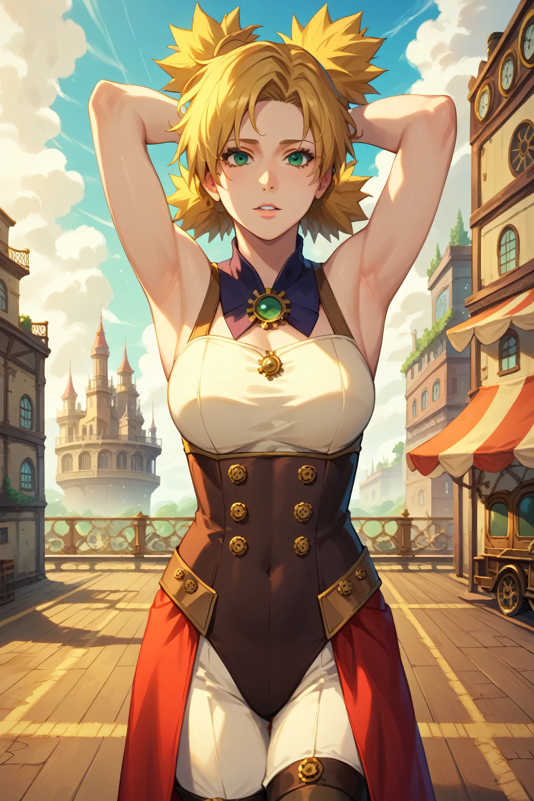 Masterpiece, stunning realistic, best quality, temari, wearing sleeveless steampunk dress, in a steampunk city, steampunk world, in the middle of steampunk city filled with steampunk building, showing both her armpit