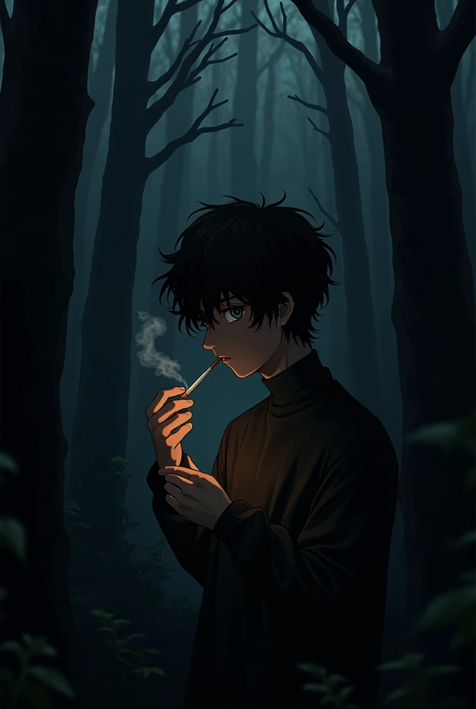 A 22-year-old man with a mysterious aura, white, delgado, with dark circles, pointed nose, messy shoulder length black hair very dark eyes, freckles on the nose, Pale skin with not very noticeable bruises, casual black dress,smoking while looking out a window towards the cloudy but beautiful forest