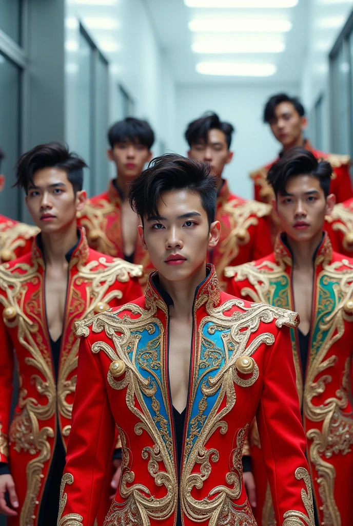Full body Picture of a teenage boy Korean prince royal highness, ,thin body,15 years old wearing light brown transparent underwear , many golden and crystal accessories on body, necklace hand belt , golden shoes,topless walking in Thailand royal palace hallway