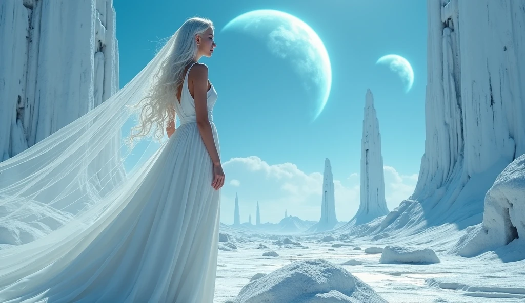  Create a very futuristic scene, hyperrealistic, photo realistic, the main character is a beautiful woman, beautiful face, natural beauty, close up, looking at the camera, white long spectacular hair moving by the wind, long hair, she wears a white bright translucent long veil with luminescence that moves with the wind, futuristic style, perfect body. Casual and natural pose, floor bright white rocks, several giant futuristic vertical structures with blue lights, great detail. Cold environment, the sky has a green. In the sky far in the horizon there are three blue bright giant planets, detailed textures, futuristic scene, The light is cold and bluish, great lighting, perfect lighting, high resolution, maximum detail.
