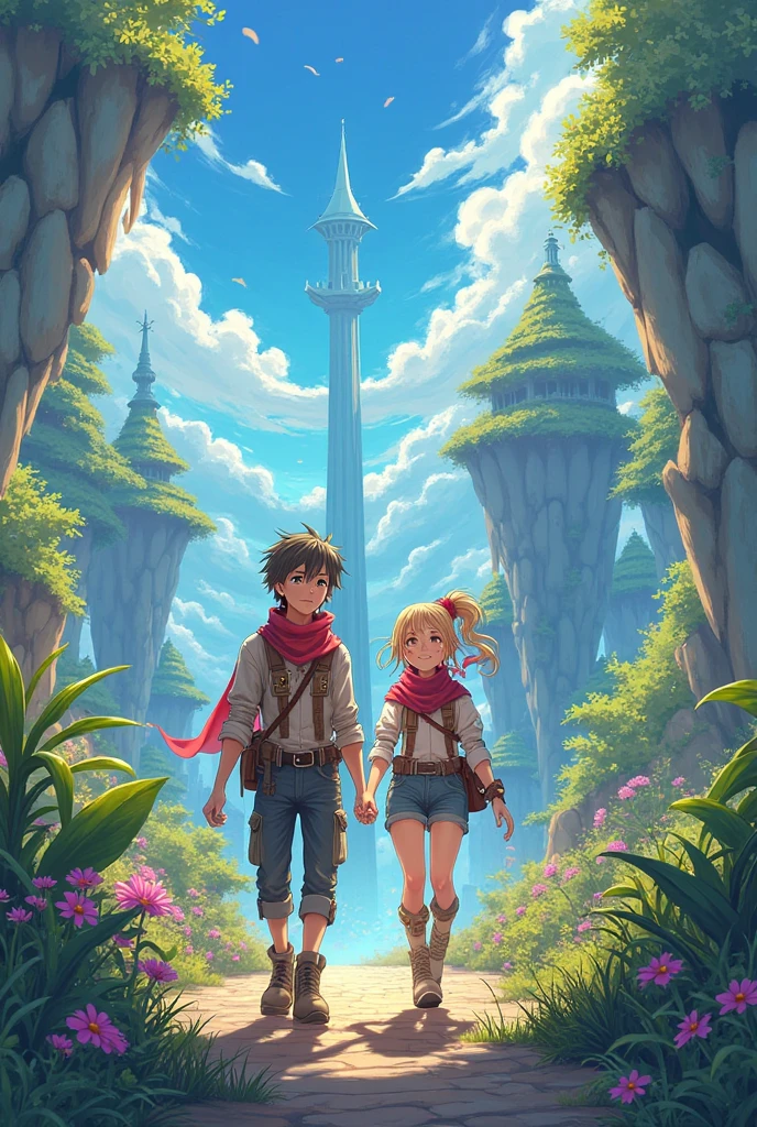 Generate the young couple of adventurers in anime mode