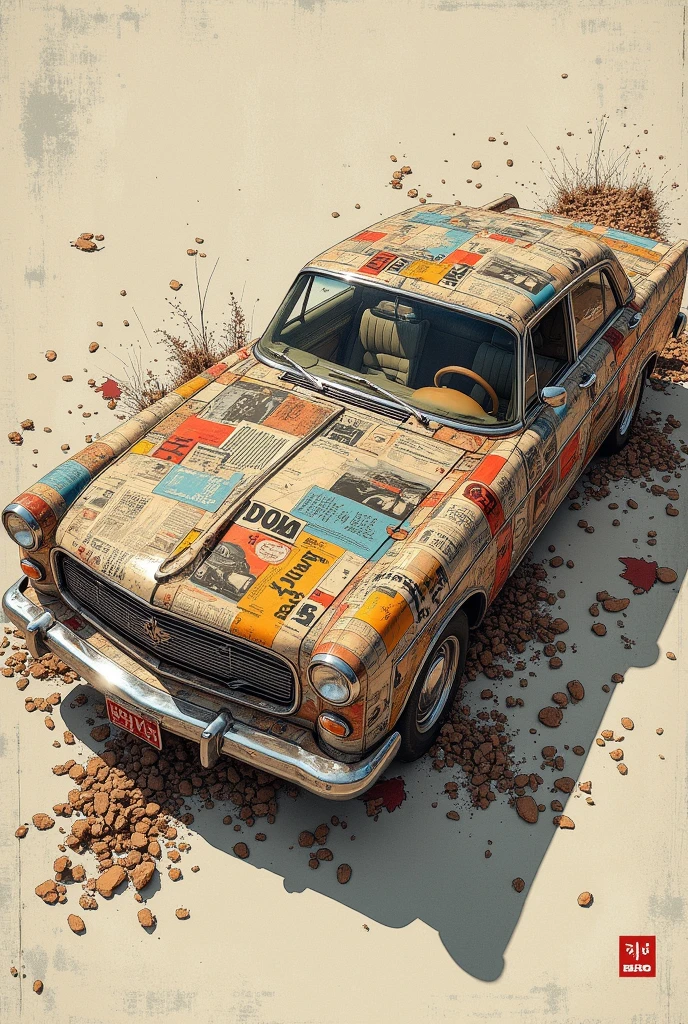 Retro collage work、膨大な車雑誌の切り抜きで作られたアメ車、An American car made from clippings from a huge car magazine that is affixed to the entire car、 Deteriorated magazine texture, Random juxtaposition, Nostalgic hues、
