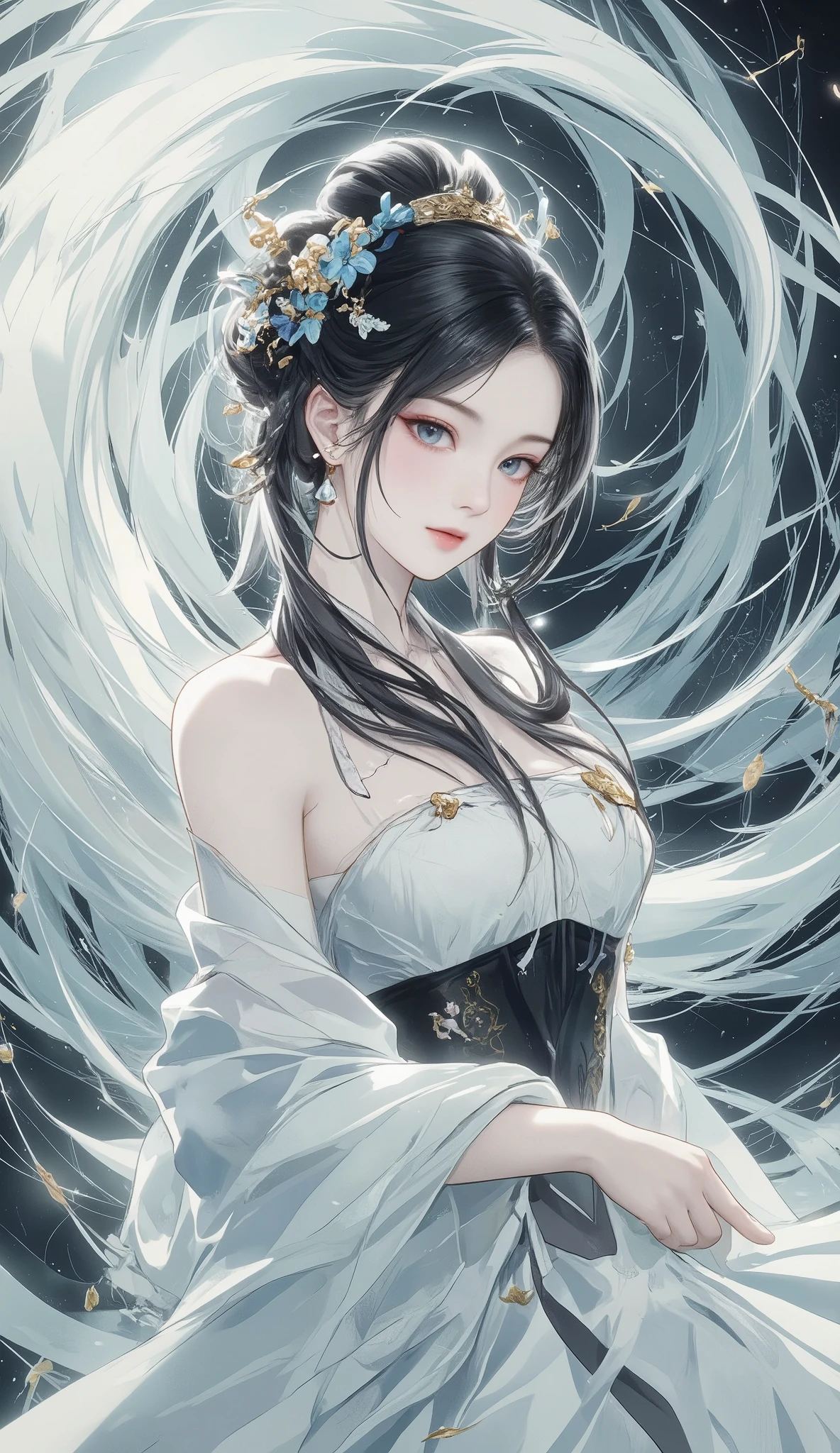 masterpiece, top quality, super res, perfect anatomy, female, Detailed Faces, Wind God and Raijin Wind God's style、White wind all around、dramatic, dynamic, absurd, metaphysics