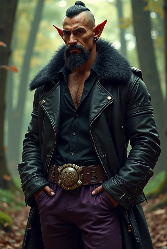 a side view of a muscular man in a long black sleeved leather coat full of metal studs and the massive, exxagerated, tall high collar turned up stuck to the sides of his face completely, detailed facial features, extremely detailed muscular physique, chest hair, hairy chest, masculine tattoos, large penis, big cock, massive outline of bulging penis, fierce and intimidating expression, commanding pose, black mohawk, bearded face, clear and sharp lighting, photorealistic, cinematic, hyper-realistic, high quality, 8k, ultra-detailed, physically-based rendering, studio lighting, no pants, no underwear.