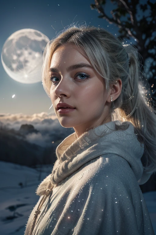 Masterpiece, (Best Quality: 1.2), (Super Fine: 1.2), Illustration, (Extremely Delicate and Beautiful: 1.2), Film Angle, Floating, (Beautiful Detail Eye: 1.1), (Detail Light: 1.1), Film Lights, Delicate Sky, Woman, White Hair, Blue Eyes, (High Ponytail: 1.1), Cloak, Glowing Eyes, (Moon: 1.2), (Moonlight: 1.1), Starry Sky, (Light Particles: 1.1), Fog , snow painting, sketching, blooming