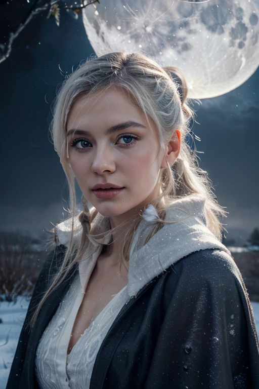 Masterpiece, (Best Quality: 1.2), (Super Fine: 1.2), Illustration, (Extremely Delicate and Beautiful: 1.2), Film Angle, Floating, (Beautiful Detail Eye: 1.1), (Detail Light: 1.1), Film Lights, Delicate Sky, Woman, White Hair, Blue Eyes, (High Ponytail: 1.1), Cloak, Glowing Eyes, (Moon: 1.2), (Moonlight: 1.1), Starry Sky, (Light Particles: 1.1), Fog , snow painting, sketching, blooming