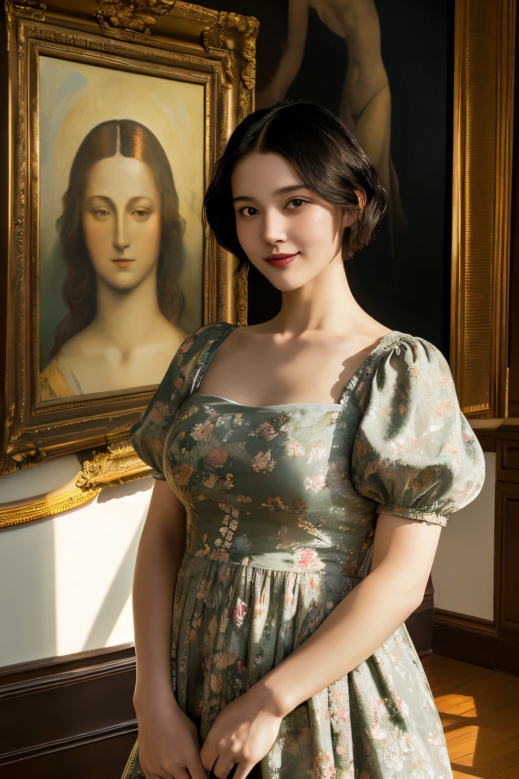 373 (20 year old women, 20 year old male ),(Shorthair),(gentle smile),(high quality photos),(Leonardo da Vinci),(floral dress),(A room with a large painting),((Contrast of Light and Dark))