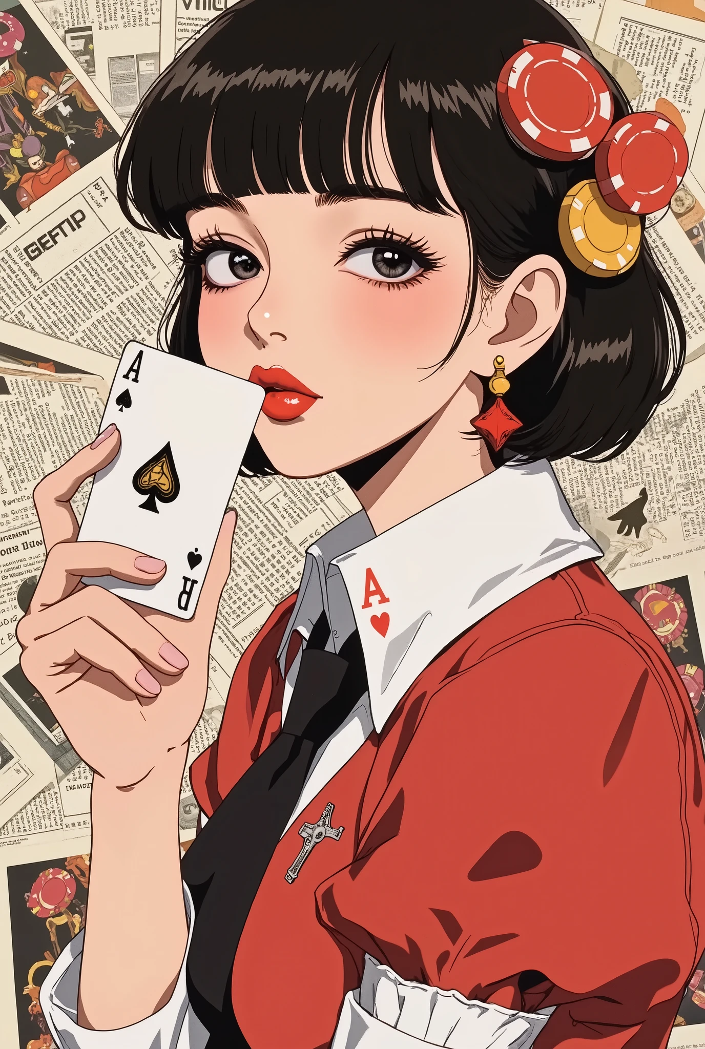 Retro collage art,hands, perfect hands, female casino dealer with provocative confident smile directly facing viewer, holding card、, collarbone, tie, blouse,bewitching and provocative little smile.、vibrant vintage magazine cutouts, playing card elements scattered dynamically, textured aged paper backdrop, pop-art color contrasts, surrealistic 3D layered composition, dramatic collage shadows, asymmetric balance, unexpected juxtaposition of gambling chips and old newspaper typography, cinematic chiaroscuro lighting, analog aesthetic, rebellious artistic vibe, avant-garde retro collage revolution.sharp eyes,tsurime,egmid