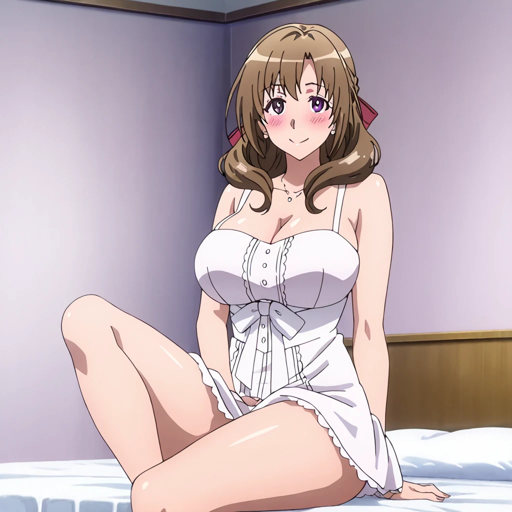 best quality, high resolution, large breasts, cleavage, dress, dress lift, panties showing, purple panties, long hair, blush, smile, cowboy shot, looking at viewer, mamako oosuki, sitting on bed, spread legs, pink lip, purple eyes