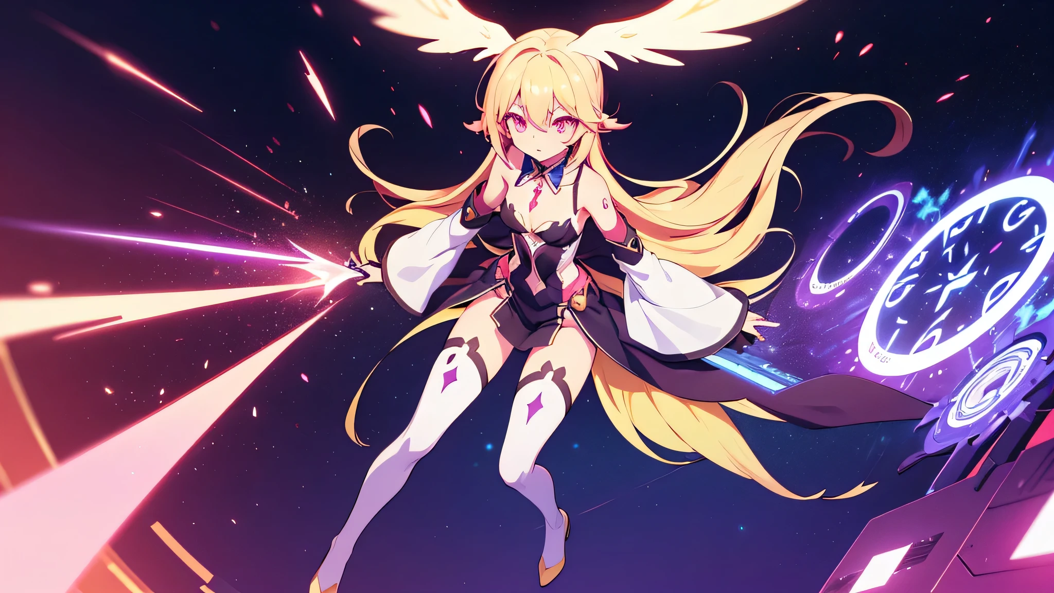 original female Flügel character from No Game No Life universe, full-body, elegant and powerful, long fluffy gradient hair (pink to blonde), golden glowing eyes with slit pupils, large geometric magic wings made of circuits and light, wearing futuristic and revealing Flügel-style outfit with high collar, detached sleeves, glowing runes, and thigh-high boots, levitating with open book and glowing spell circle in hand, confident expression, background of a glowing floating library in the sky, cinematic lighting, anime-style shading, ultra detail, masterpiece, 8k
