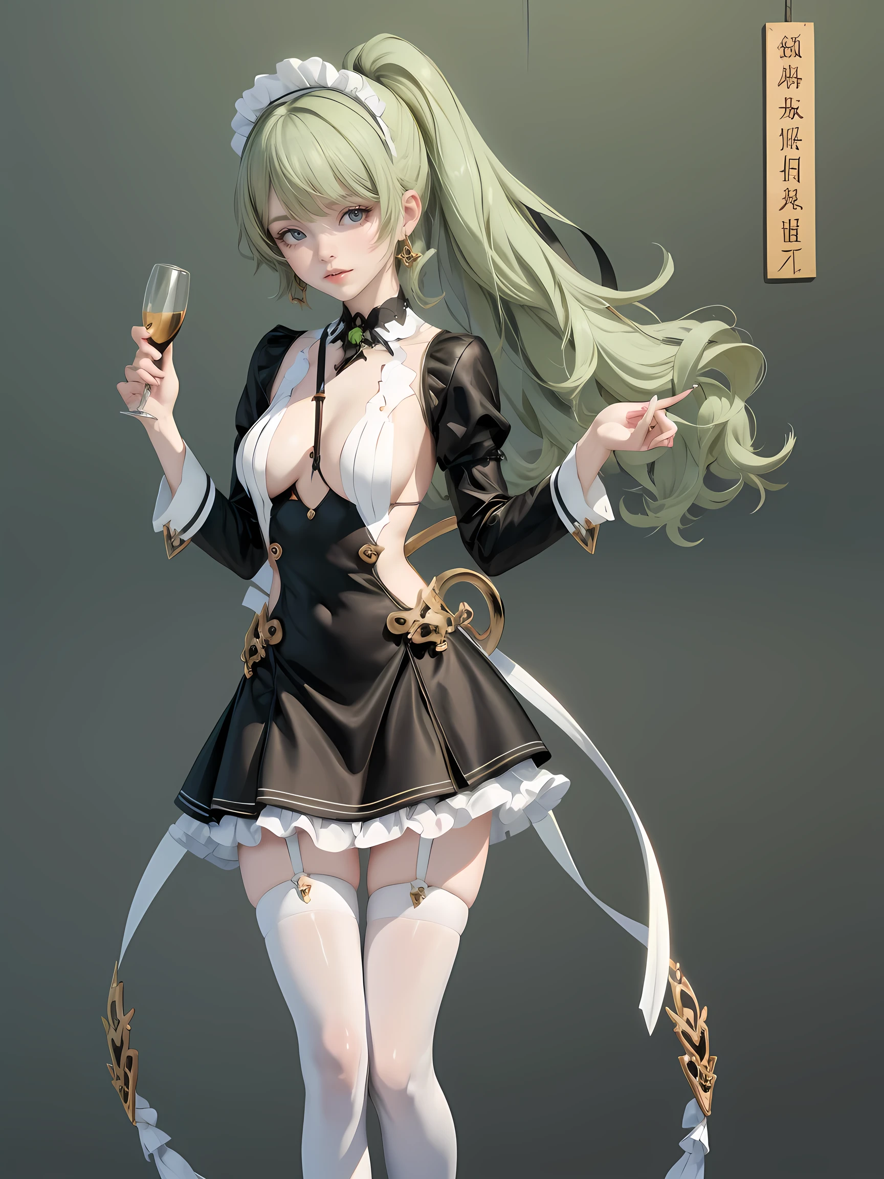 Ancient wind,Costume skirt,Black stockings,There are metal ornaments on the body,Green antique boots