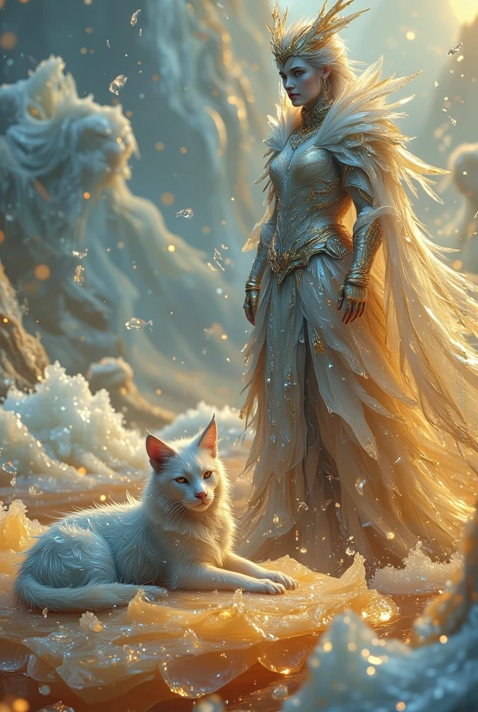 Ice queen wearing onion skins, with a ((((furry half-peguin-half-cat)))), on a yellow orange iceburg sea,
