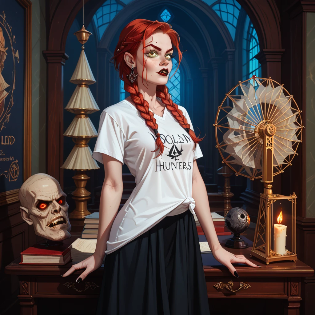 ***full body***Gothic Noir Comic Style: a female vampire hunters working at innovation firm, Vampire: The Masquerade inspired.
((Subject 2: 20-year-old Gen Z with long redhead braids, yellow eyes. Tolkien RPG fan. Wears oversized geeky t-shirt, multiple piercings, alternative accessories. Combines digital skills with occult knowledge.))
Scene: Modern office after hours with hidden hunting equipment. Blue-purple noir lighting. Tech meets occult elements. Sensual yet determined expressions. Cinematic framing with World of Darkness RPG aesthetic.