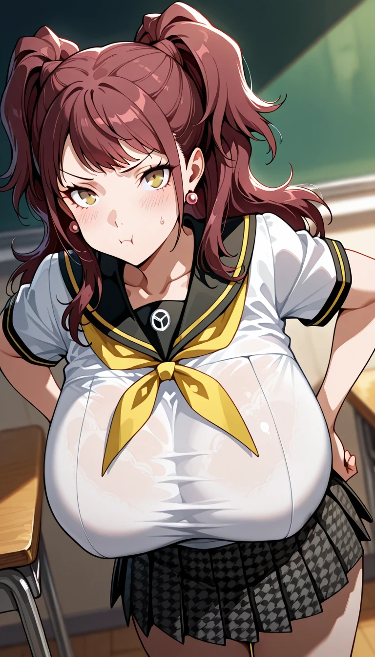 (masterwork, masterpiece, best quality, hyper-detailed :1.2), 1 girl, solo, cute face, p4rise, kujikawa, rise, twintails, long hair, brown hair, pink earrings p4rise-sumuni, yasogami school uniform, serafuku, short sleeves, white shirt, skirt, pleated skirt, houndstooth, classroom, standing, looking at viewer, hands on hips, pout, (puffy cheeks, cheek bulge,:0.7) ,gigantic breasts,show underboobs,lift shirts