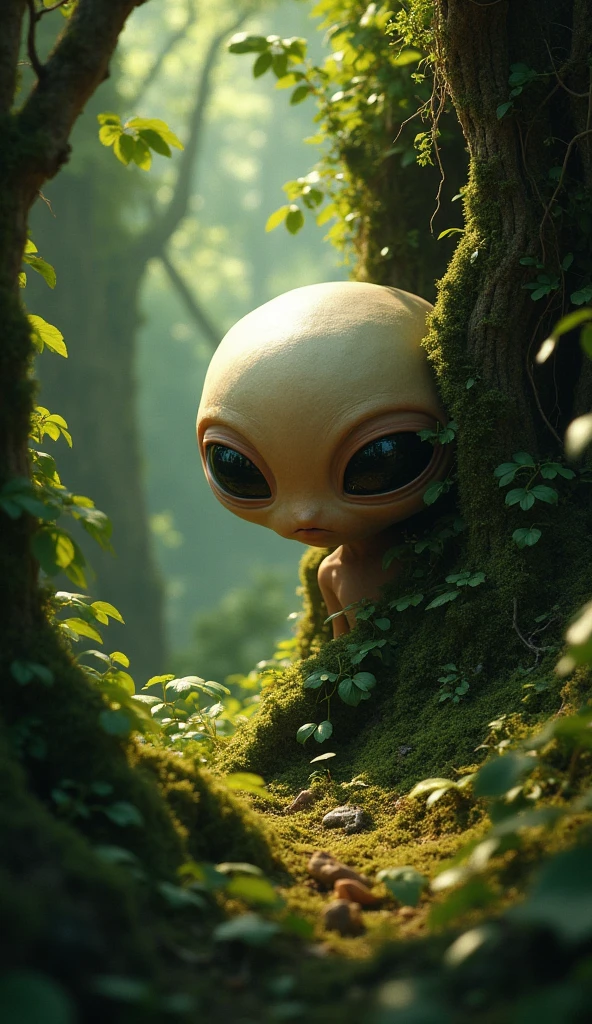 Title: Extraterrestrial Based on the Varginha ET

Description:

Dimensions: 16:9 ratio
Style: 2D, colored, comic book style
General Appearance: An extraterrestrial being approximately 1.2 meters tall with humanoid features. Should be more childlike, cheerful, and stocky (less thin), based on the provided image.
Head: Large and oval-shaped, with a slight crest on top. Completely black, almond-shaped eyes that take up much of the face. It has no visible nose or ears. A friendly and captivating appearance.
Skin: Smooth texture, with a green color ranging from light green to olive green. The skin may have a slight sheen that subtly reflects light.
Body: Stocky and slender, with long arms that reach down to the knees. The hands have three long, thin fingers. The character should not have a tail. Show the character in full body, including a profile view.
Clothing: A light tunic that covers the body, made of fluid fabric that moves gently. The color of the tunic can be a pastel tone or a soft metallic, with details reminiscent of alien technology.
Lo-fi Atmosphere: The character should have a look that matches the Lo-fi aesthetic, with elements that evoke a sense of calm and nostalgia, such as pastel tones and soft lighting.
Positions: Show the character in various positions, such as front, back, side, and other poses that capture different angles and expressions.
Background: A simple and soft background with elements that complement the Lo-fi aesthetic, such as cityscapes or nature scenes in pastel tones and soft lighting.
Specific Instructions:

Set 16:9 Ratio: Ensure the generated image is in a 16:9 ratio.
2D Colored Style: The image should be created in a 2D style, colored, and in a comic book style.
Full Body and Various Positions: Show the character in full body in various positions, including a profile view.
Include Seed: Please include the "seed" used in the generation of each image.
Detailing: Include the specific details of the character and backgroun