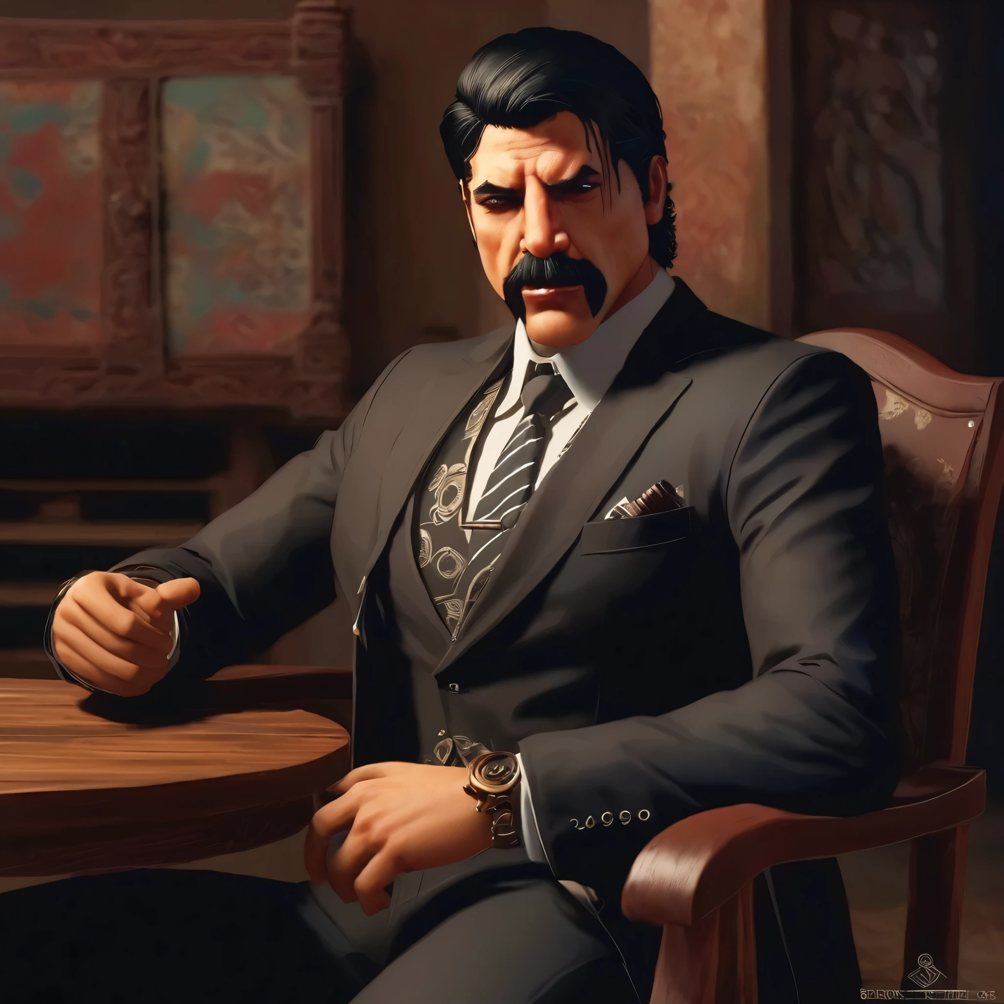 (obra maestra, Mejor calidad:1.2), 1 chico, thenahualli, serious, dangerous man, threatening, elegant, elegante, he is a gangster, (((black suit))), gangster office, sit, (((realistic, detailed, photorealistic)))