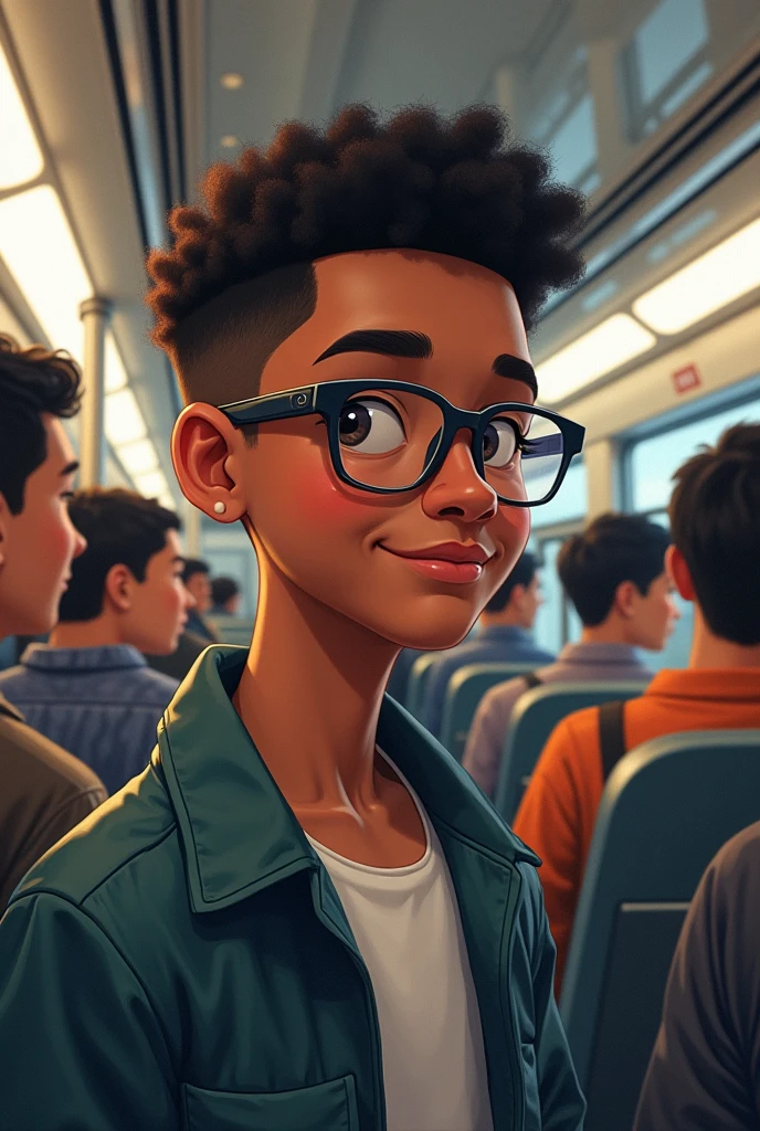Prepare images of a handsome Afro-descendant boy without a beard wearing glasses on the Tokyo train