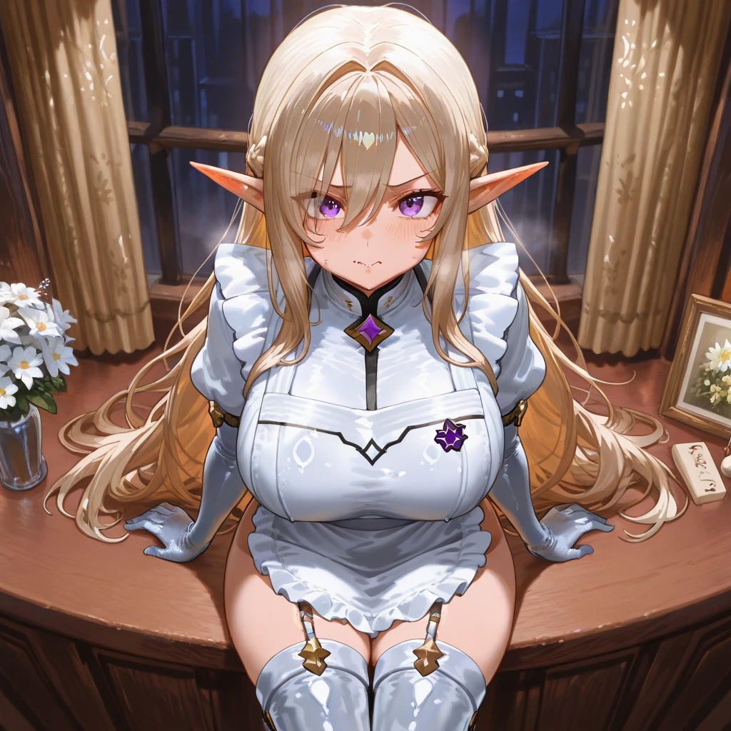 ((Highest quality)),((Super detailed)),((masterpiece)),girl,Rope weaving、nsfw、vaginale,sex、1boy.penis、blonde long wavy hair , Light clothing,White Shirt、Pleated skirt、(Half-Elf),Shiny white hair, Blue eyes, Depth of written boundary, Embarrassed, blush,Open your mouth、((Perfect Eyes))、(Perfect Mouth)、(Perfect hands)、(Perfect ears)、(Drooping eyes)、(Female organ),bed、woman on top、