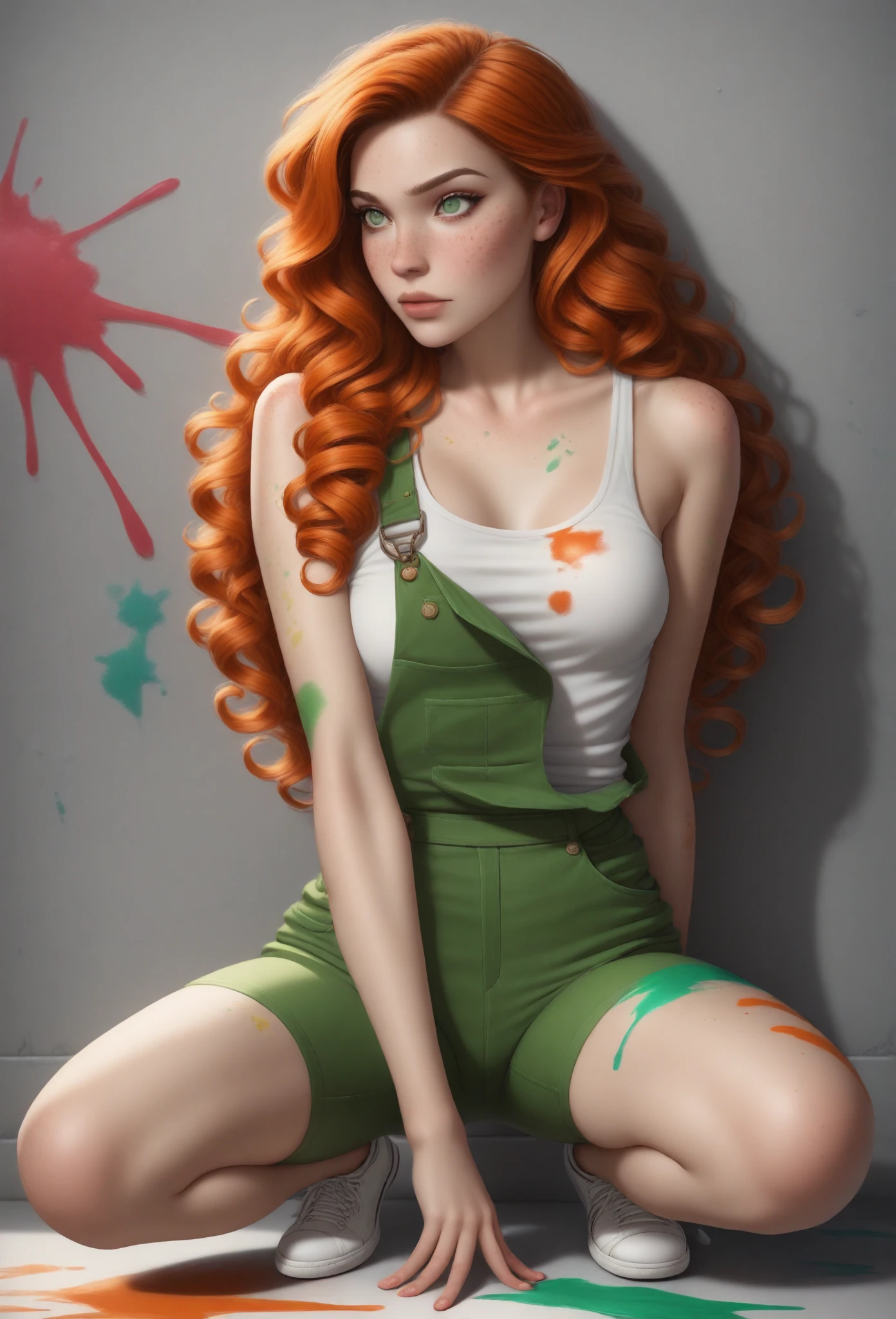 ((masterpiece, best quality, absurdres)),
1girl, solo, green overalls, white tank top, white sneakers, paint splatter on clothes, artist painter, wall, paint,
 d4rk3r1n, orange hair, green eyes,