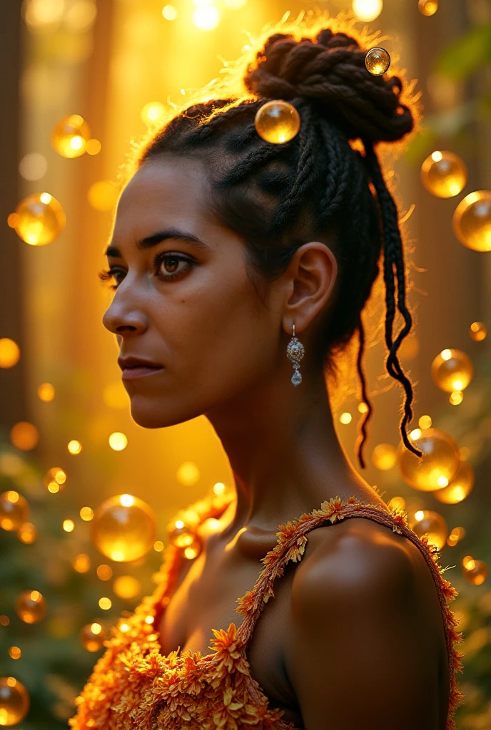 Woman with brown dreadlocks tied to a bun, It is surrounded by bubbles that shine, In the background you can see a golden forest