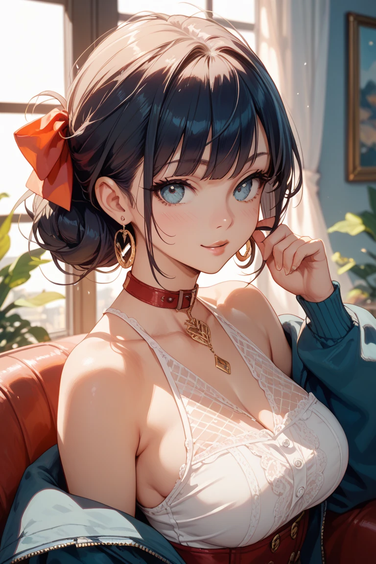 1 girl, alone, Upper body, red skirt, black hair, twin tails, big breasts, short twin tails, Sofa backrest, armpit,