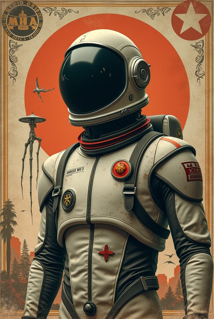 1920s style ads, spaceman, movies, aliens, sepia, perfect contrast, 8k, 4k, perfect contrast, hd, cool, Retro collage uprising! Mash vintage ads & surreal scraps—break logic, collage chaos