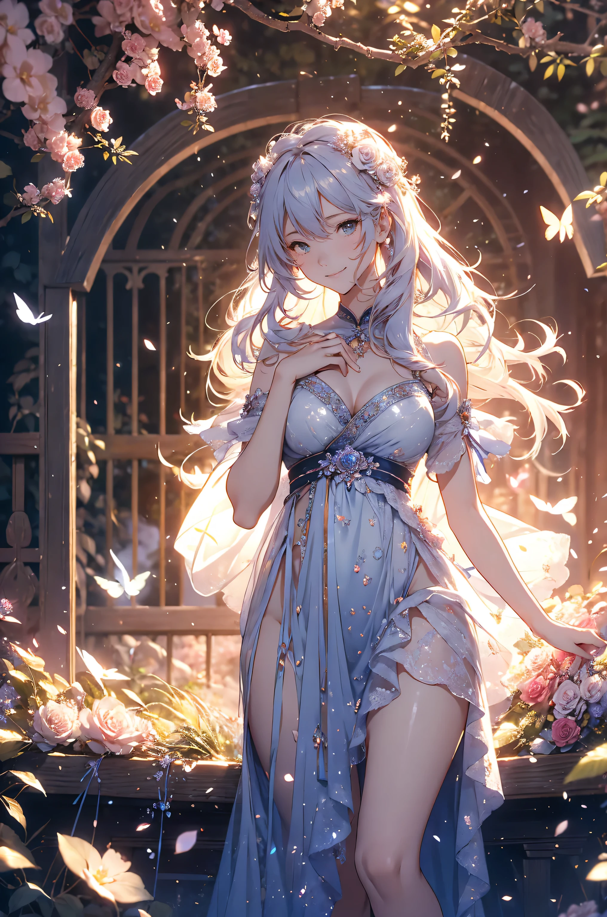 best quality !mystical 、( Bold Composition ) 1girl cute smile!smile! gentle gaze , beautiful 、Beautiful skin with a chest circumference of 130 、sexy、 Beautiful chest skin !BEAUTIFUL THIGS、beautiful legs ‼️ slender model figure、 music Healing simple lawn composition fantasy world、western fantasy style flower、 beautiful 大理石の祠 Green grass Beautiful Rose Hedge flower pot Many kinds of flowers Mr..々flower butterfly々 cherry blossoms、cherry blossoms舞い散る、
Keep it simple beautiful brilliance 、long silver blue hair、The strongest beautiful decorative flower sexy white dress、 calm atmosphere 、昼 petals、 open 、 Beautiful young body 、 big 胸 、beautiful skin, 、beautiful brilliance, high definition depiction , Realistic Fantasy Romanticism ,, ultimate beauty moving!high resolution,
