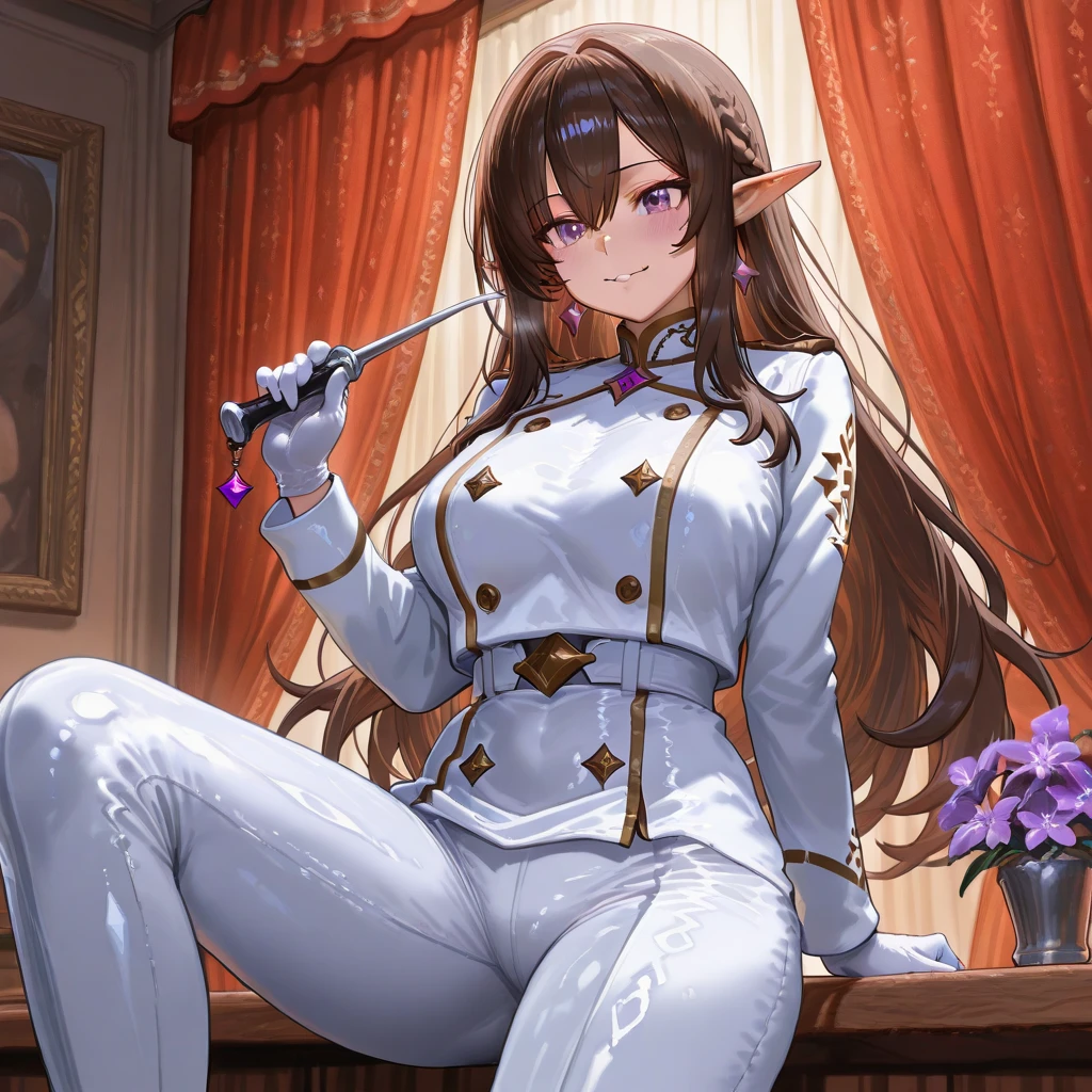 (masterpiece, best quality:1.2), expressive eyes, perfect face, highres, 1girl, solo, (female:1.5), issei_hyoudou, long hair, brown eyes, blue dress, bodycon dress, make-up, earrring, long gloves, meshes, blushing, nervous, standing, portrait, looking at viewer