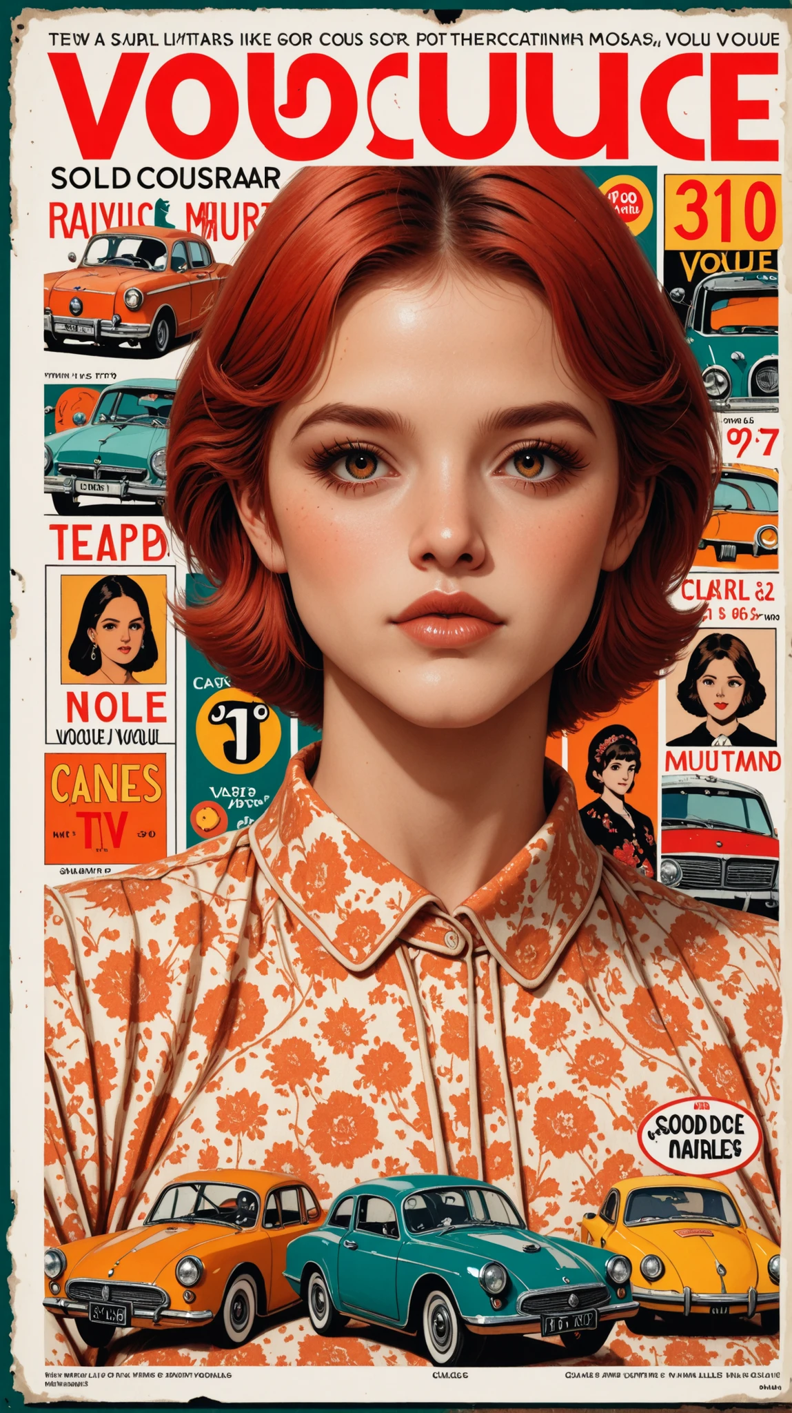 Retro magazine cover collage from the 1960s–1970s, bold typography, warm vintage colors (mustard yellow, faded red, teal), paper texture. Composition includes glamorous models, atomic-age motifs, retro technology (old TVs, radios, cars), decorative borders, and mid-century design patterns. Mix photography cutouts with hand-drawn elements, include fake article titles, price sticker (like “25¢”), and stylized masthead. Stylized like LIFE or Vogue covers of the era, with slight wear and tear for authenticity.