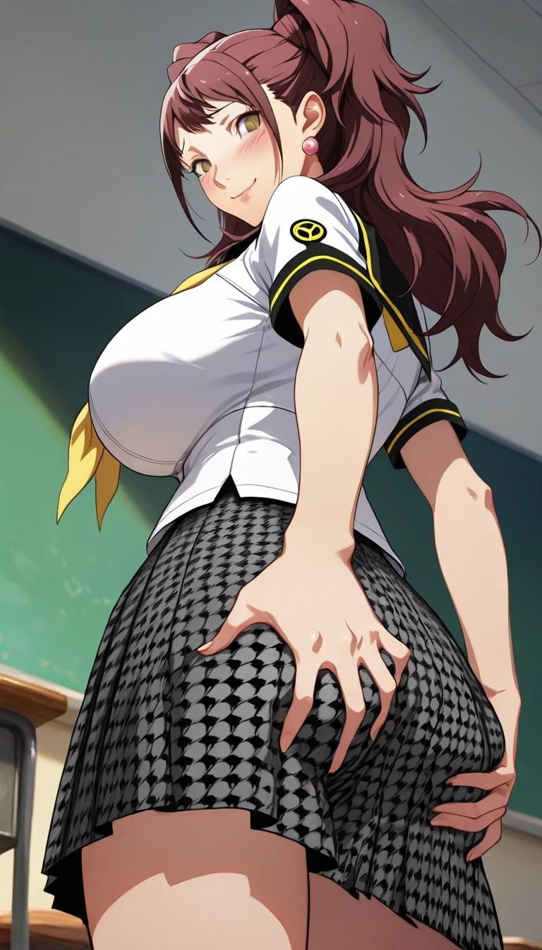(masterwork, masterpiece, best quality, hyper-detailed :1.2), 1 girl, solo, cute face, p4rise, kujikawa, rise, twintails, long hair, brown hair, pink earrings p4rise-sumuni, yasogami school uniform, serafuku, short sleeves, white shirt, skirt, pleated skirt, houndstooth, classroom,back view,standing, looking at viewer, ((own ass grab:1.5)),gigantic breasts, shy smile ,embarrassed,bright ,view from below,pink underwear