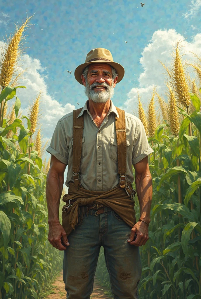 Lush green fields with tall crops, and the farmer standing proudly, smiling with joy and hope in his eyes