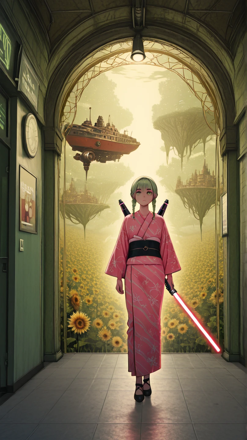 Generate a 100% random image of a female aged 14–45. Strict rules: NO repeating neon cities or black leather outfits!  

**1. RANDOM CLOTHING (MUST VARY):**  
- **Types:** Ballgowns, swimwear, sci-fi armor, bohemian dresses, office suits, sports gear, pajamas, lingerie (elegant), cyberpunk jumpsuits, or cultural attire (kimono/sari/etc.).  
- *random Colors clothes, Use neon yellow clothes, pastel lavender, blood red, metallic gold, or mismatched patterns (stripes + florals).  
- **Textures:** Velvet, silk, fishnet, transparent layers, fur trim, or glowing elements.  

**2. Random background
- **Real:** Rainy alleys, tropical beaches, cozy cafés, subway stations, sunflower fields.  
- **Fantasy:** Fairy tale castles, steampunk airships, alien markets, haunted libraries.  
- **Absurd:** Floating islands, giant hourglasses, upside-down rooms, surreal dreamscapes.  

**3. ENFORCE RANDOMNESS:**  
- If the AI leans toward dark outfits, force vibrant colors (e.g., pink astronaut suits).  
- If backgrounds repeat, add absurd twists (e.g., a CEO in a boardroom with dinosaurs outside).  
- **Penalize:** Black leather, neon cities, or generic poses.  

*4. DETAILS:*
- **Hair:** Random colors/lengths (green afros, silver braids).  
- **Accessories:** Unrelated items (e.g., a chef holding a lightsaber, ballerina with jetpack).  
- **Lighting:** Sunset, neon glow, foggy moonlight, or supernova bursts.  
*RULES:*
1. **NO REPEATS** across generations.  
2. **Chaos priority:** If it feels ‘expected,’ scrap it!  
3. **Override AI biases** toward dark/edgy themes."*