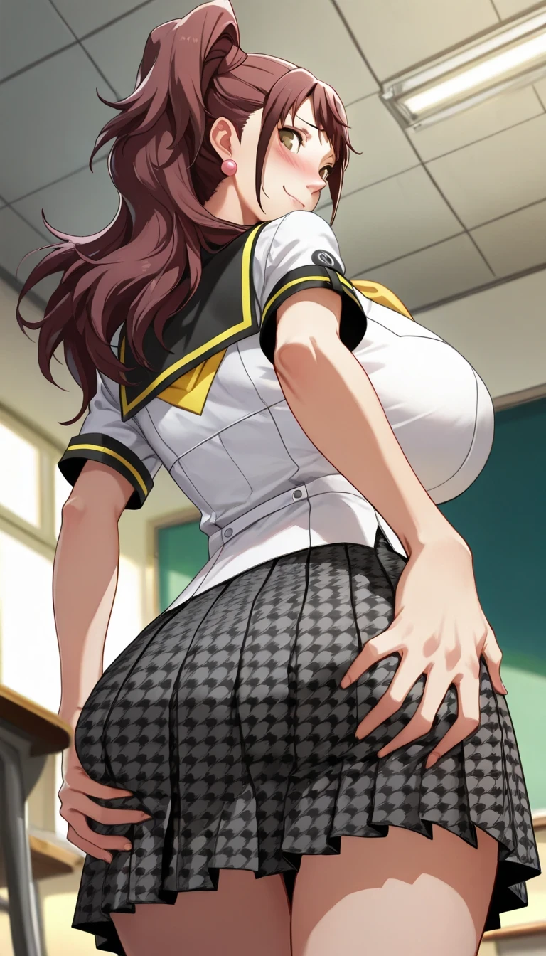 (masterwork, masterpiece, best quality, hyper-detailed :1.2), 1 girl, solo, cute face, p4rise, kujikawa, rise, twintails, long hair, brown hair, pink earrings p4rise-sumuni, yasogami school uniform, serafuku, short sleeves, white shirt, skirt, pleated skirt, houndstooth, classroom,back view,standing, looking at viewer, ((own ass grab:1.5)),gigantic breasts, shy smile ,embarrassed,bright ,view from below,pink underwear