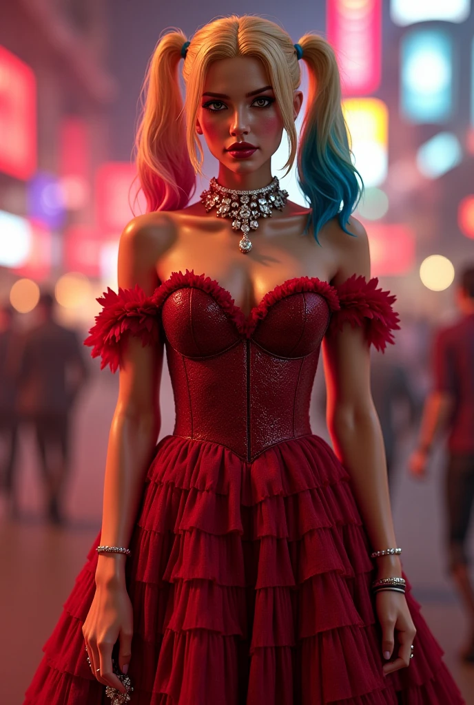 (full body photo) of a ((shopaholic Barbie )) dressed that looks like a cross between Arianna Grande and Chloe Grace Moretz, (((wearing a hot pink and silver Versace dress with ornate details and silver lace with gemstones and sequins and stylized mandelbrot patterns))), ( standing), ((in Times Square at night in bright light)), looking at the camera lovingly, (mouth wide open), (smiling), (skin pores) , wet hair, long hair, (tanned skin), (f1.8 short focus bokeh), focus on eyes, big brown eyes with circular light flare in eyes, deep watery eyes, skin pores, bright eyes, open eyes , Direct light. admiration, ((camel foot)), --auto --s2