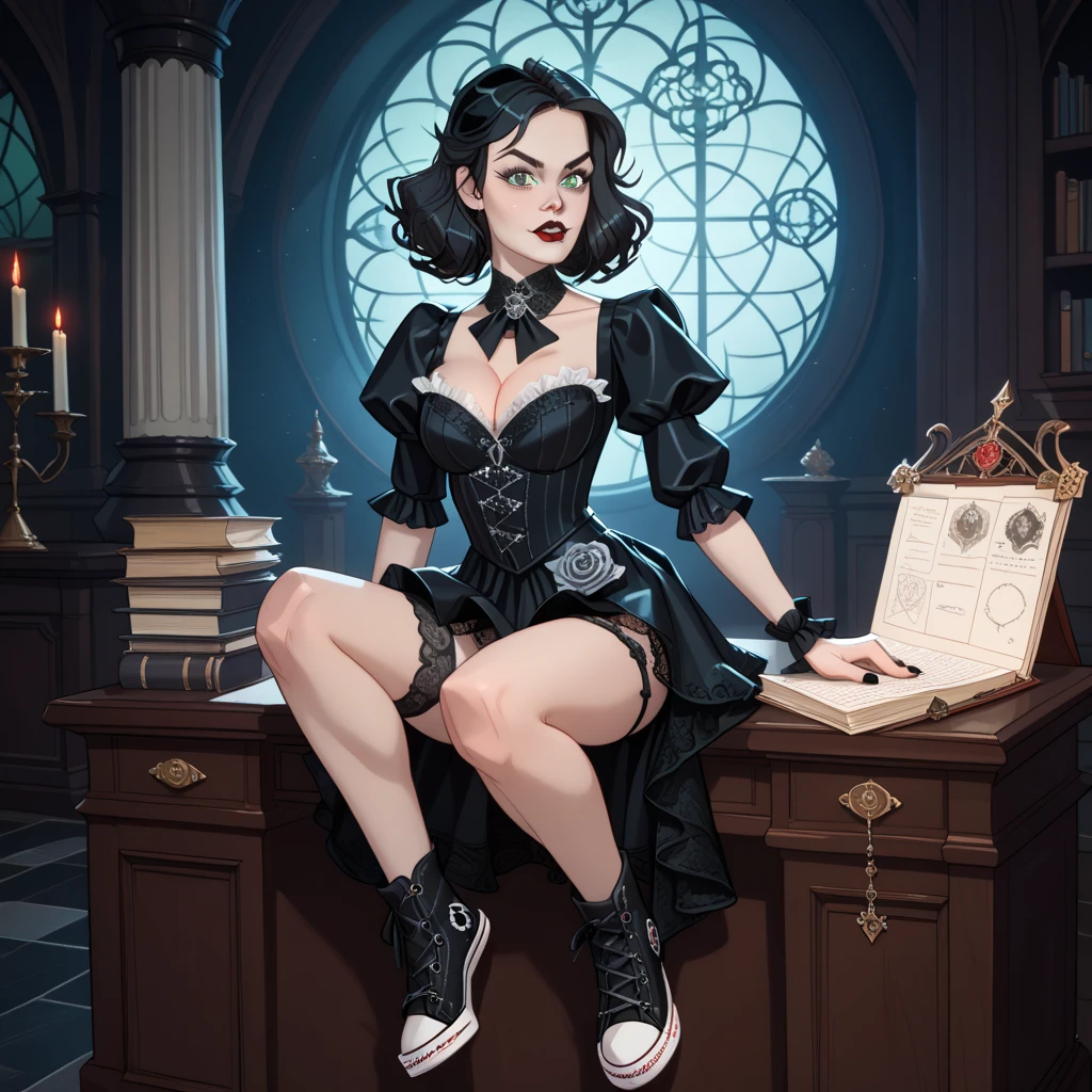 Style: Gothic noir: A vampire hunter working at an innovation company, inspired by Vampire: The Masquerade.
((Subject 1: 35-year-old millennial with short, wavy black hair, green eyes. Fan of Tolkien RPGs. Wears a gothic suit with a lace skirt and converse. Combines digital skills with occult knowledge.))
Scene: Modern office after work with hunting equipment on the desk. Noir blue-violet lighting. Technology meets occult elements. Sensual yet determined expressions. Cinematic framing with the aesthetics of the RPG World of Darkness.