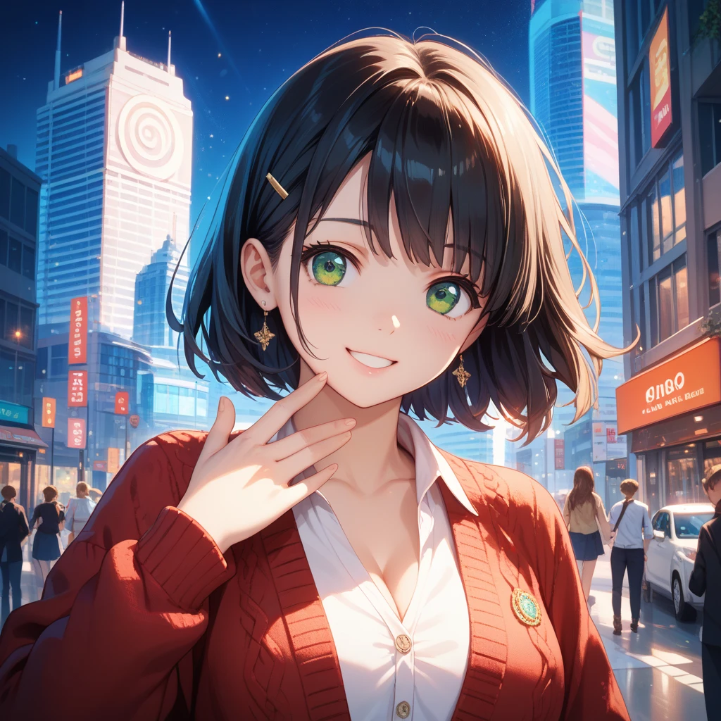 masterpiece, best quality, high resolution, detailed illustration, anime style,
1 beautiful young woman, cute and stylish, moe elements, shoulder-length black hair, intelligent green eyes,
looking towards the viewer with a confident smile and a hint of happy surprise, maybe one hand gently touching her chin as if realizing something amazing,
wearing fashionable office casual clothes (like a clean blouse and cardigan),
background inspired by financial freedom: maybe abstract glowing particles, soft light rays, hints of city skyline or nature, bright and hopeful atmosphere,
bust shot or medium shot, clear focus on expression