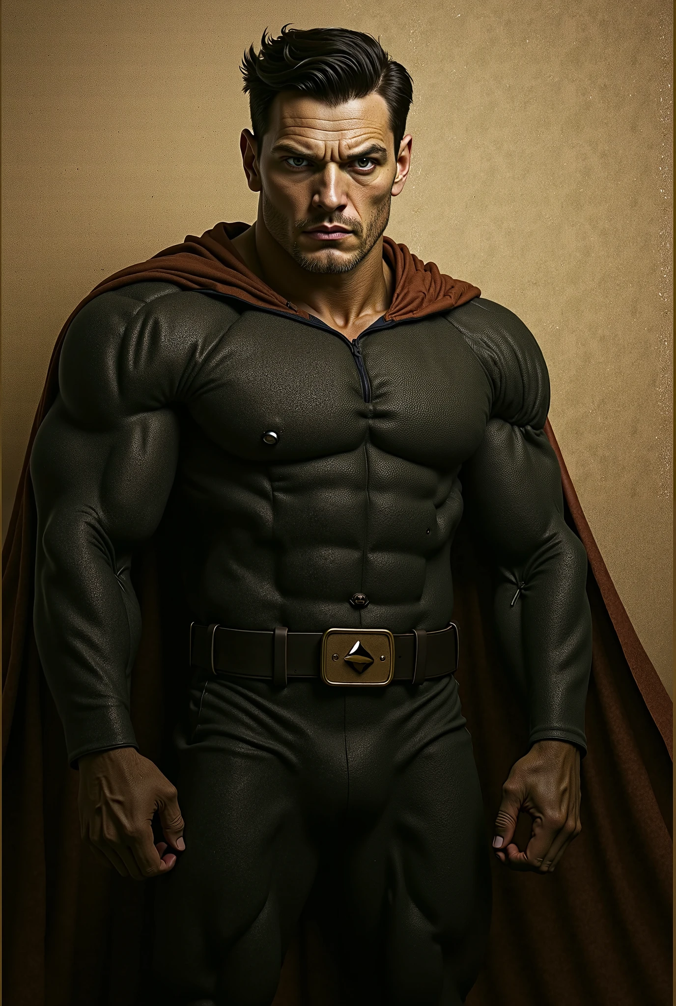 A man with a fit body, thin and realistic, exercising outdoors with natural grass, with a close-up capturing the abdomen, wearing the batman mask and sensual and outgoing personality.