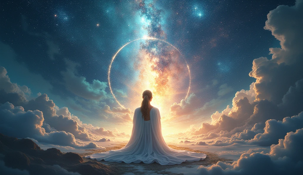 God prays in the middle of the starry universe.