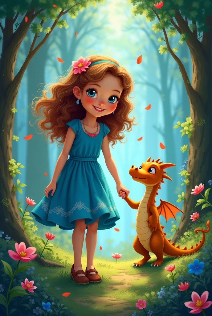 A young girl with brown hair in a blue dress, smiling and posing closely with a cute baby dragon, in a fantasy landscape with castles and mountains
