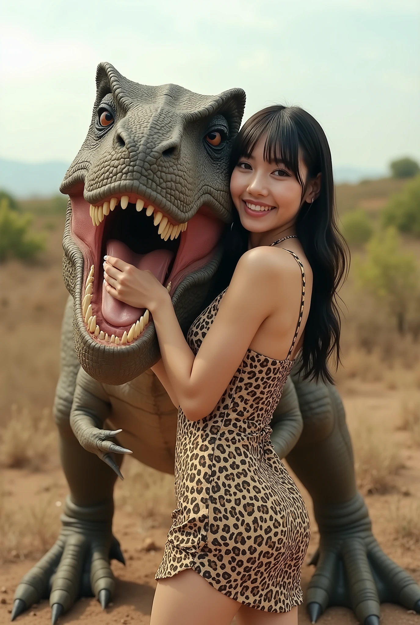 Create a realistic photograph of a beautiful Japanese female singer's portrait. She has a slender body, small bust, and thin legs, with long hair and bangs. She is wearing a prehistoric-style leopard print wedding mini dress and is being playfully held in a princess carry by a Tyrannosaurus Rex, smiling for the camera. The background features a Cretaceous plain during the daytime, captured from a dynamic angle.