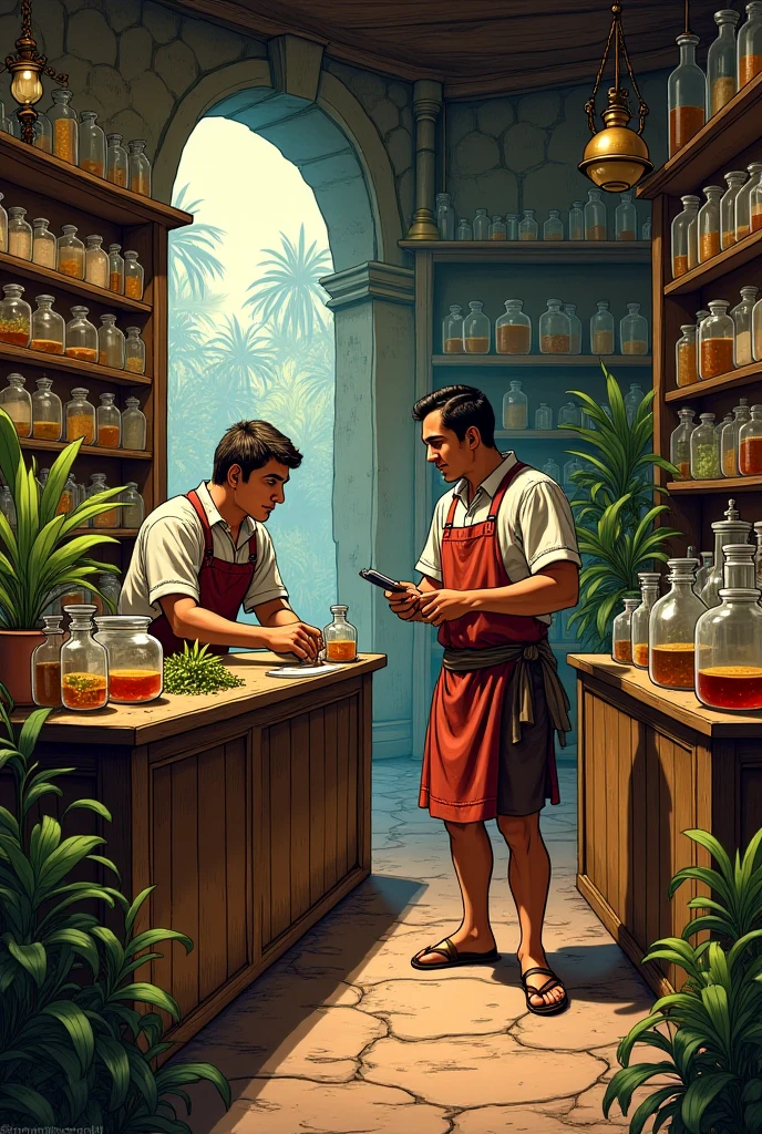 Comic about Vignette 2: Colonial Era — Encounter of Two Worlds
Scene: A Spanish apothecary in a colonial city (like Lima), mixing potions in jars, appeared with indigenous people bringing herbs. text:

 Narrator : "During the colony, indigenous knowledge mixed with European medicine. The first pharmacies."

 Apothecary : has “Interesting this 'cat's claw'... let's see what properties.”