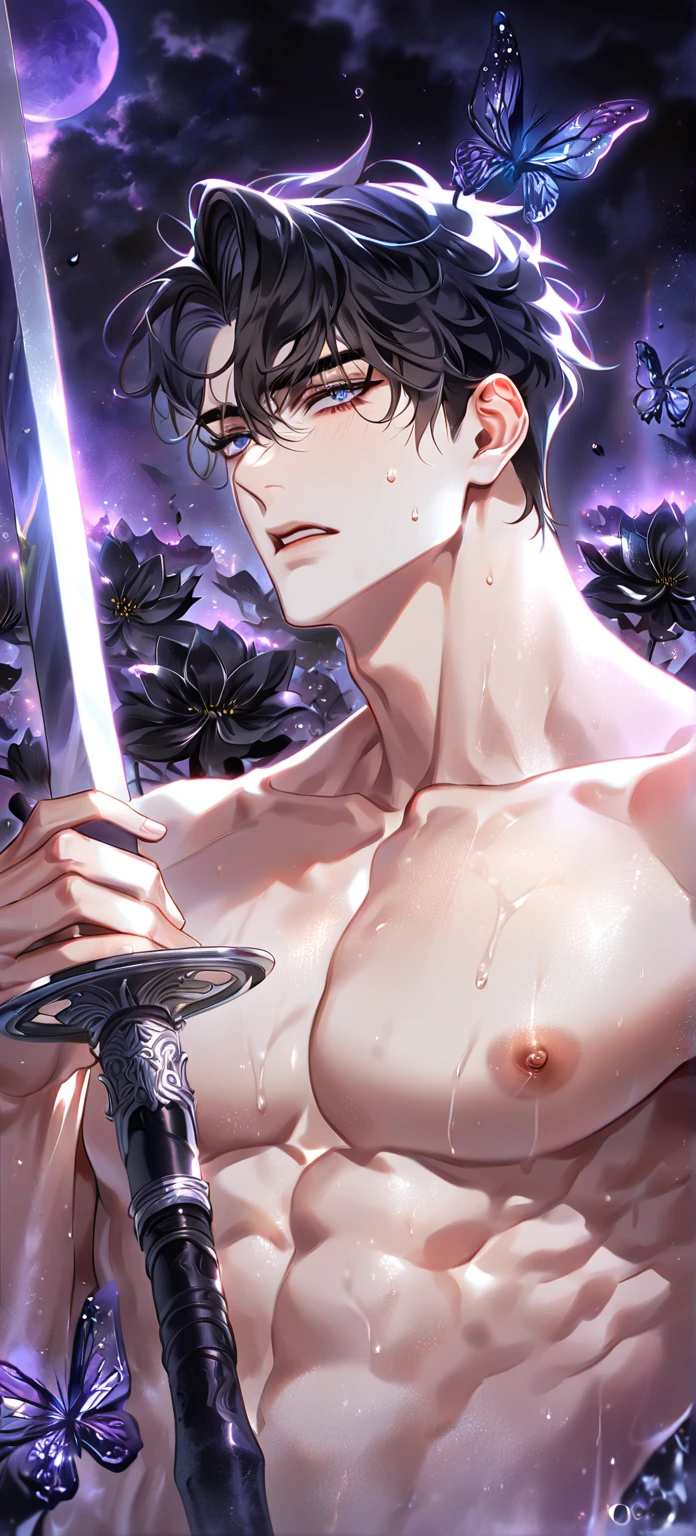 A man with a bulging belly, pregnant state, smooth curvy style, slender tall man, cut/tear, aurora, white, tween, close-up - up, shiny, anime aesthetic,